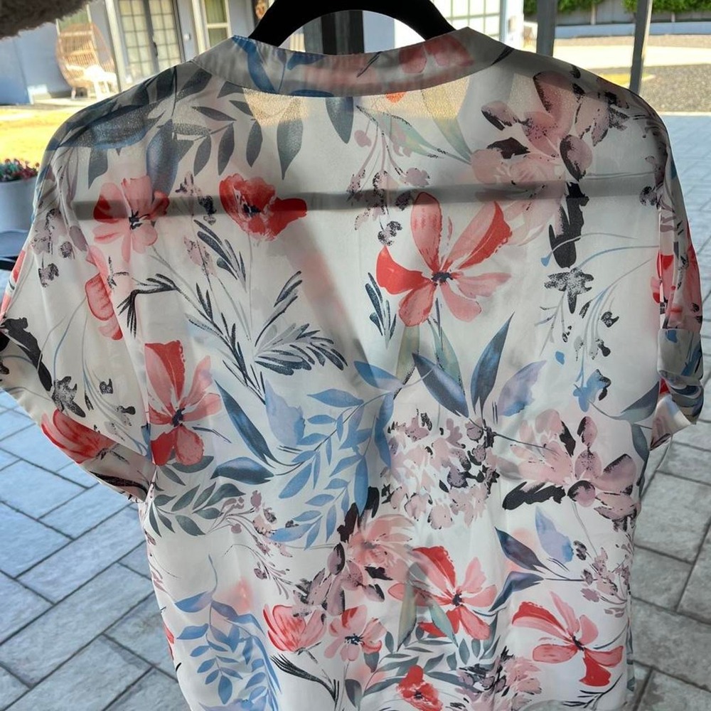 Boho Sheer Floral V-Neck Blouse Vacation Euro Summer White Blue Red Sz M - Picture 2 of 4